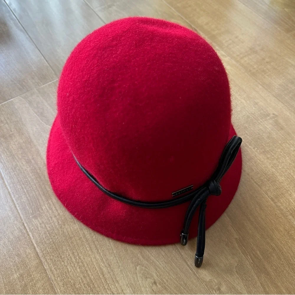 Betmar Women’s Valerina Red Wool Hat with Black Leather Bow